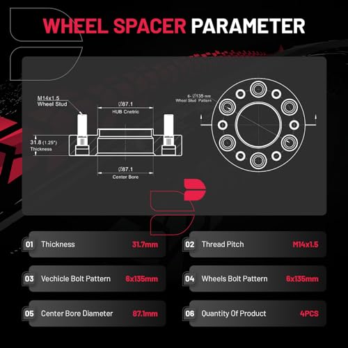Image of BDFHYK 6x135mm Wheel Spacers, 1.25 inch Hubcentric Wheel Spacer Compatible with Lincoln Navigator F150 Expedition Lobo 2015-2025, Forged 6 Lug Wheel Adapters M14x1.5 & 87.1 mm Hub Bore,Set of 4