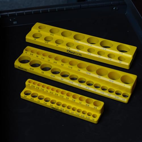Image of Olsa Tools Magnetic Socket Organizer - 3 /8-Inch Drive SAE Socket Holder with Strong Magnets - Professional Tool Holder and Organizer - Stores up to 16 Sockets - Yellow - Part: 1350