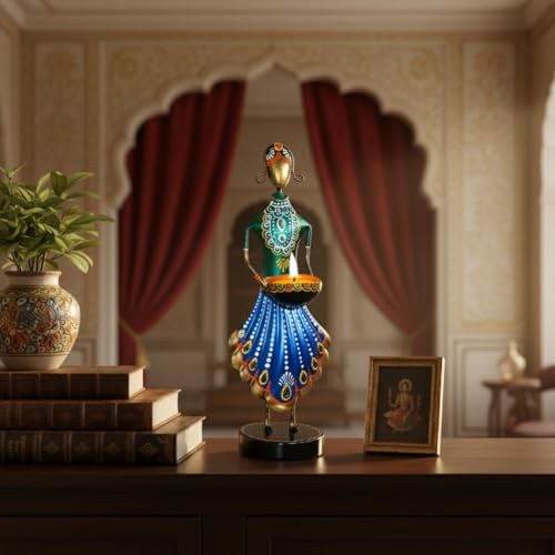 Image of CraftVatika Home Decoration Items for Living Room, Aesthetic Home Decor, Rajasthani Lady Tealight Candle Holder Showpiece for Living Room Tabletop Housewarming Wedding for Man Women