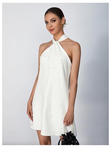 Floerns Women's Pearl Beaded Halter Twist Sleeveless Tie Back Dress A Line Dress3