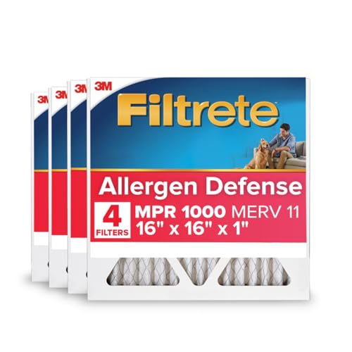 Filtrete 16x16x1 AC Furnace Air Filter, MERV 11, MPR 1000, Micro Allergen Defense, 3-Month Pleated 1-Inch Electrostatic Air Cleaning Filter, 4 Pack (Actual Size 15.81 x 15.81 x 0.81 in)