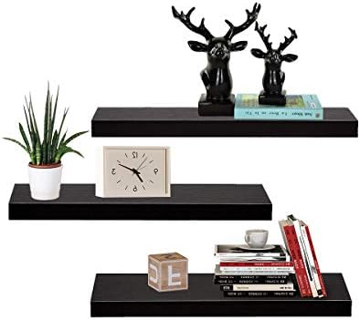 AZL1 Life Concept Set of 3 Floating Wall-Mounted, Display Ledge Shelves, Wide Panel for Bedroom, Office, Kitchen and Living Room, Black