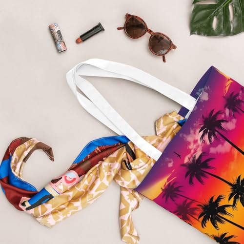 Canvas Tote Bag for Women Shoulder Tote Purse Reusable Grocery Bag Palm Trees and Colorful Sunset Aesthetic Shopping Bags4