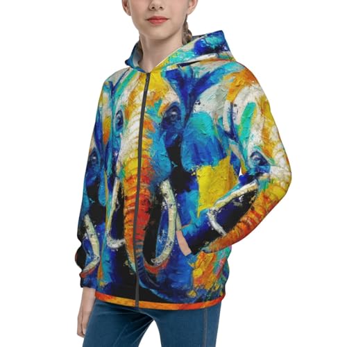 Oil Painting Elephant Kids Pullover Hoodies Boys Zip Up Sweatshirts Girls Athletic Clothes with Pocket