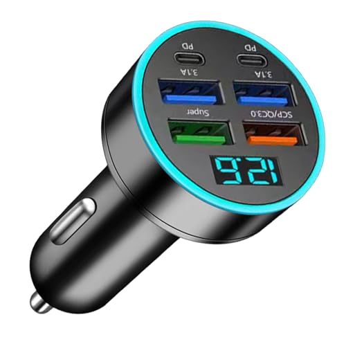 Cargador De Coche Digital 66W – Cargador Rápido PD con 6 Salidas Y Efecto Halo | Adaptador -Cigare USB Multiport, Pantalla Digital para Voltaje
