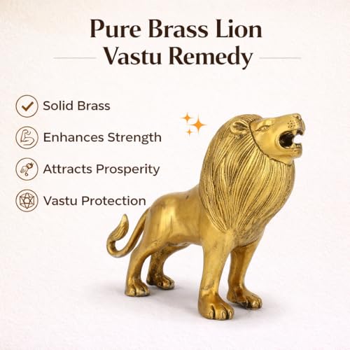 Image of Pure Brass Roaring Lion Statue, Gold Finish, Decorative Religious Figurine for Home and Office, North-East Zone Placement, Traditional Art Deco Style | 16x6x14 cm | 985g