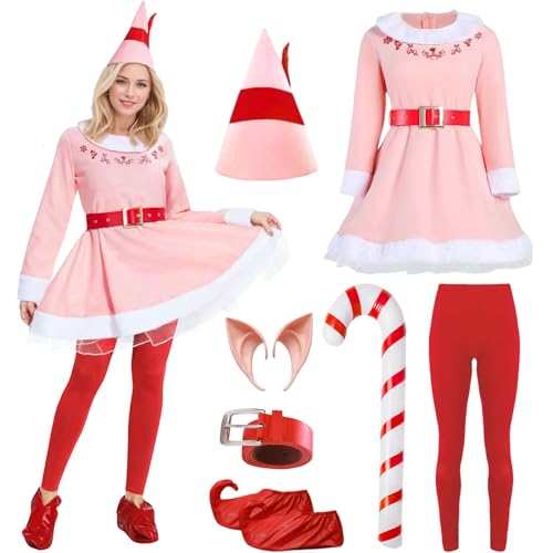 Elf Costume for Women Adult Christmas Deluxe Pink Fancy Dress Festive Costume Xmas Party Cosplay Outfits (Women, Small)