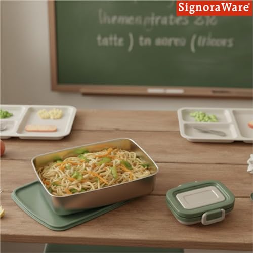 Image of SignoraWare Munch Mate Stainless Steel Lunch Box | Airtight & Leakproof | Durable & Compact | Easy to Carry | Ideal Tiffin for Office, School & Travel (850ml + 160ml | Egreen)