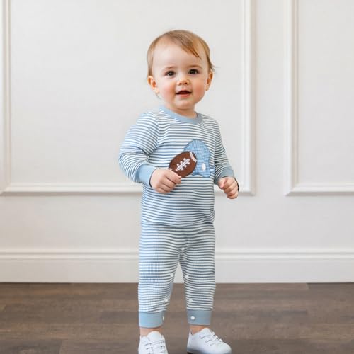 Karuedoo Newborn Baby Boy Girl Football Outfit Rugby Embroidery Stripe Romper Waffle Knit Long Sleeve Jumpsuit Fall Clothes3