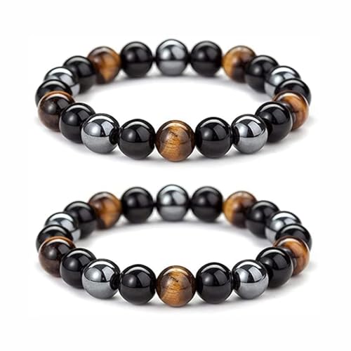 CYXZMYA Lot de 2 bracelets œil de tigre et obsidienne, bracelet œil de tigre, bracelet en pierre de tourmaline noire, hématite obsidienne, cadeau pour amis, mari, père, 1*5*4, rochers, Pas de gemme