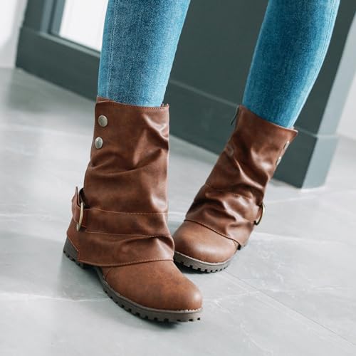 Wavyvigs Slouch Ankle Boots Fold Over Lug Sole Chunky Heel Booties with Bukle3