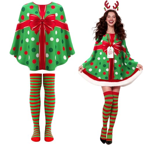 Blosssound Christmas Candy Cane Present Costume for Women Holiday Poncho Outfit Adult Red White Green Stripe Thigh High Sock(Dot Present)