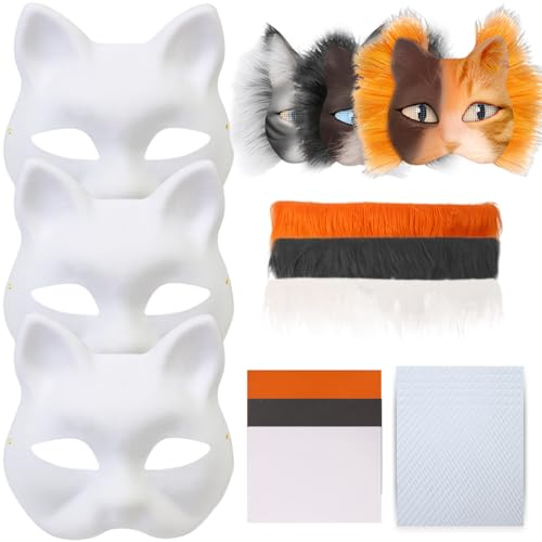 KYEQATY Therian Mask Kit with Fell Fabist Mesh False Wool 3 Set Half Face Cat Mask Mask Funny Diy Furry Mask para Halloween Magno Rol-Playing Cosplay Decoración de la fiesta de la fiesta