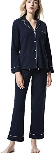 Women's Comfort Button-up Sleepwear Set,Long Sleeves Pajamas(S-L) (S, Navy Blue)