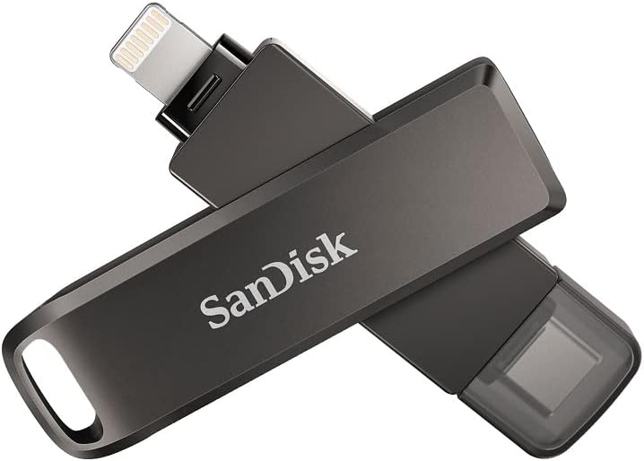SanDisk iXpand Luxe Flash Drive 2-in-1 iPhone-geheugen 64 GB (compatibel met iPad, automatische back-up, USB-C- en Lightning-poort, wachtwoordbeveiliging, iXpand-app), zilver