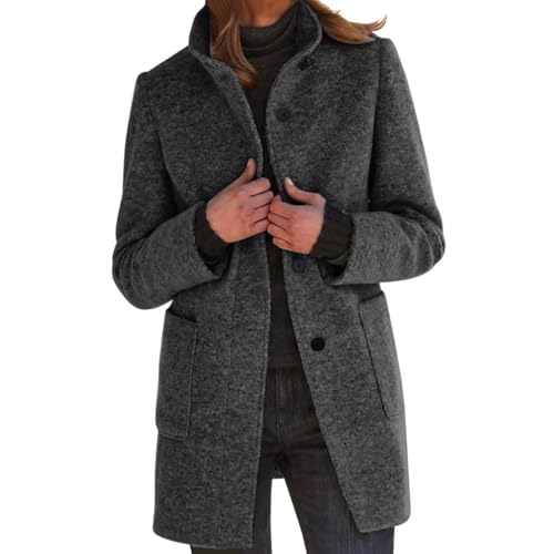 Image of Toumov Pea Coats for Women Winter Wool Blend Peacoat Jacket Casual Stand Collar Single Breasted Pea Coat Long Sleeve Jackets