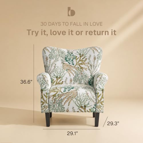 Image of BELLEZE Modern Accent Chair for Living Room, High Back Linen Armchair with Wooden Legs, Upholstered Wingback Side Chair Padded Armrest Single Sofa for Living Room, Bedroom - Allston (Green Coral)