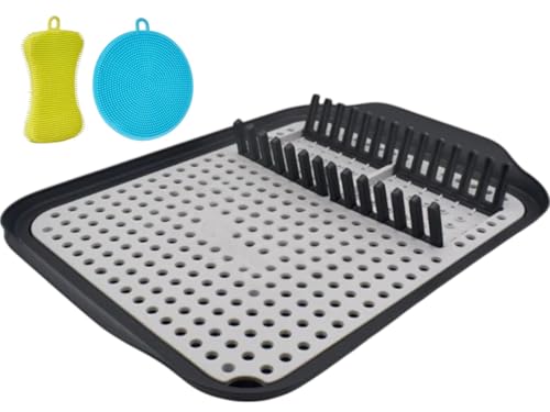 MAGMAHOME Escurridor De Platos Plegable De Plástico Duradero - Escurreplatos sobre Fregadero con Rejillas Abatibles, Bandeja De Depósito De Agua, Orificios De Drenaje, más Dos estropajos de Silicona.