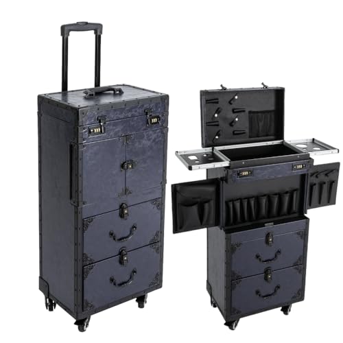 BANEBONE Large Rolling Makeup Train Case with Lockable Storage - Retro PU Cosmetic Trolley with 4 Universal Wheels & Brakes, Portable Rolling Makeup Case for Salon, Travel & Professional Stylists