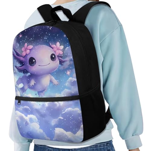 Galaxy Axolotl Backpack for Girls Kids Backpack with Lunch Box Water Bottle Holder Large Pencil Case and Leather Bookmark 5 Pcs Set 17" Sturdy Elementary Bookbag with Front Pocket for School2