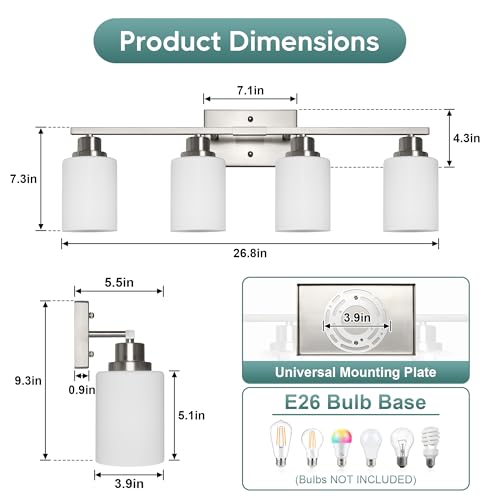 Image of Ascher Bathroom Light Fixtures, 4-Light Vanity Light Over Mirror, Brushed Nickel Wall Sconces with Milky White Frosted Glass Shades, Wall Lamp for Living Room Bedroom, E26 Base(Bulbs Not Included)