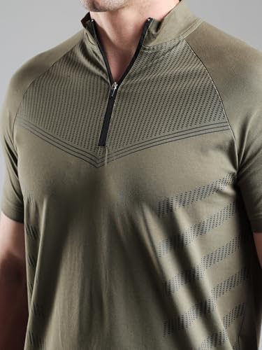 Image of GROW Stylish Aeroflex Zip T Shirt for Men Workout | Cotton and Spandex Quarter Zip Back Printed Collar T-Shirts for Men Half Sleeves
