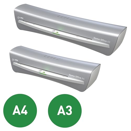 Leitz iLAM A3 Laminiergerät, sehr kurze Aufwärmzeit von 2 Min, 75-125 mic, Smart LED Status, Anti-Stau, Auto-Abschaltung, inkl.5x A4 Laminierfolien, Für Home Office und Büro, Silber und Weiß, 74400089