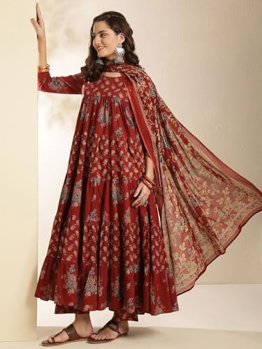 Image of ANNI Designer Viscose Blend Kurta for Women | Kurti Set Woman | Anarkali Kurta with Pant & Dupatta | Black Floral Hand Block Printed Suit | Ethnic Indian Outfit Party Office Traditional Fashion Wear