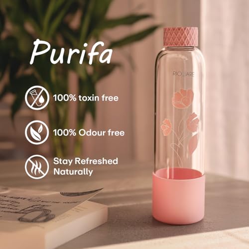 Image of Rioware Purifa Pro Borosilicate Glass Water Bottle With Silicon Sleeve (750Ml) | Airtight Lid | Leak Proof | Silicon Cap | Fridge Water Bottles For Home, Office & Gym -Pack Of 04(Pink)