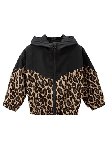 Girl's Leopard Print Zip Up Hooded Jacket Long Sleeve Color Block Windbreaker Outerwear