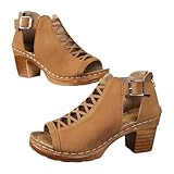 Generisch Sandales d'été décontractées pour femme   Carrées   Talon haut ajouré   Respirantes   Avec boucle   Pour excursion, fête, école, marron, 38 EU
