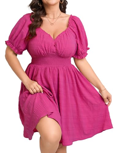 Image of SCOMCHIC Womens Plus Size Summer Dresses Casual Sun Dress Sweetheart V Neck Puff Short Sleeve Smocked A Line Mini Dress