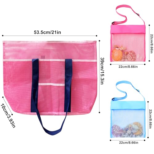 Mesh Beach Bag XL Pink, Large Beach Bag Tote with Seashell Bag for Family Summer Travel2