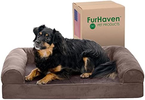 Furhaven Orthopedic Dog Bed for Medium/Small Dogs w/ Removable Bolsters & Washable Cover, For Dogs Up to 35 lbs - Faux Fur & Velvet Sofa - Driftwood Brown, Medium