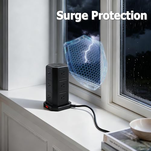 EP Multitoma Torre con Puertos USB y Protector contra Sobretensiones, Cable de 6 Pies con 9 Tomas de Corriente y 4 USB (3A 1C), Estación de Carga para Oficina y Hogar miniatura 5