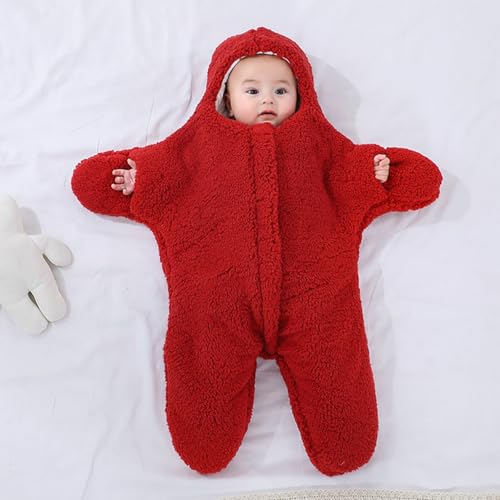 Image of Baby Starfish Onesie, Thick Imitation Fleece Starfish Newborn Romper, Infant Footie Jumpsuit Winter Warm Outfits(Red,6-12 Months)