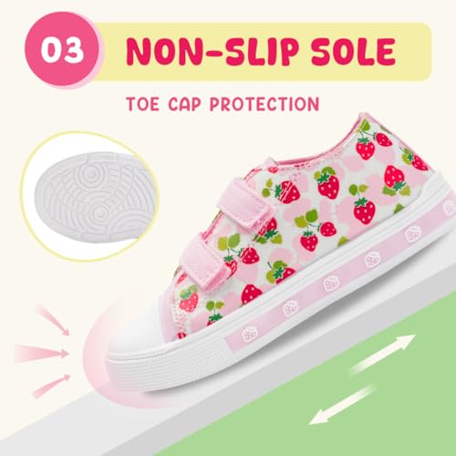 FUNCOO PLUS Kids Light Up Shoes Toddler Canvas Sneakers with Hook and Loop for Girls, Strawberry, Big Kid Size 3