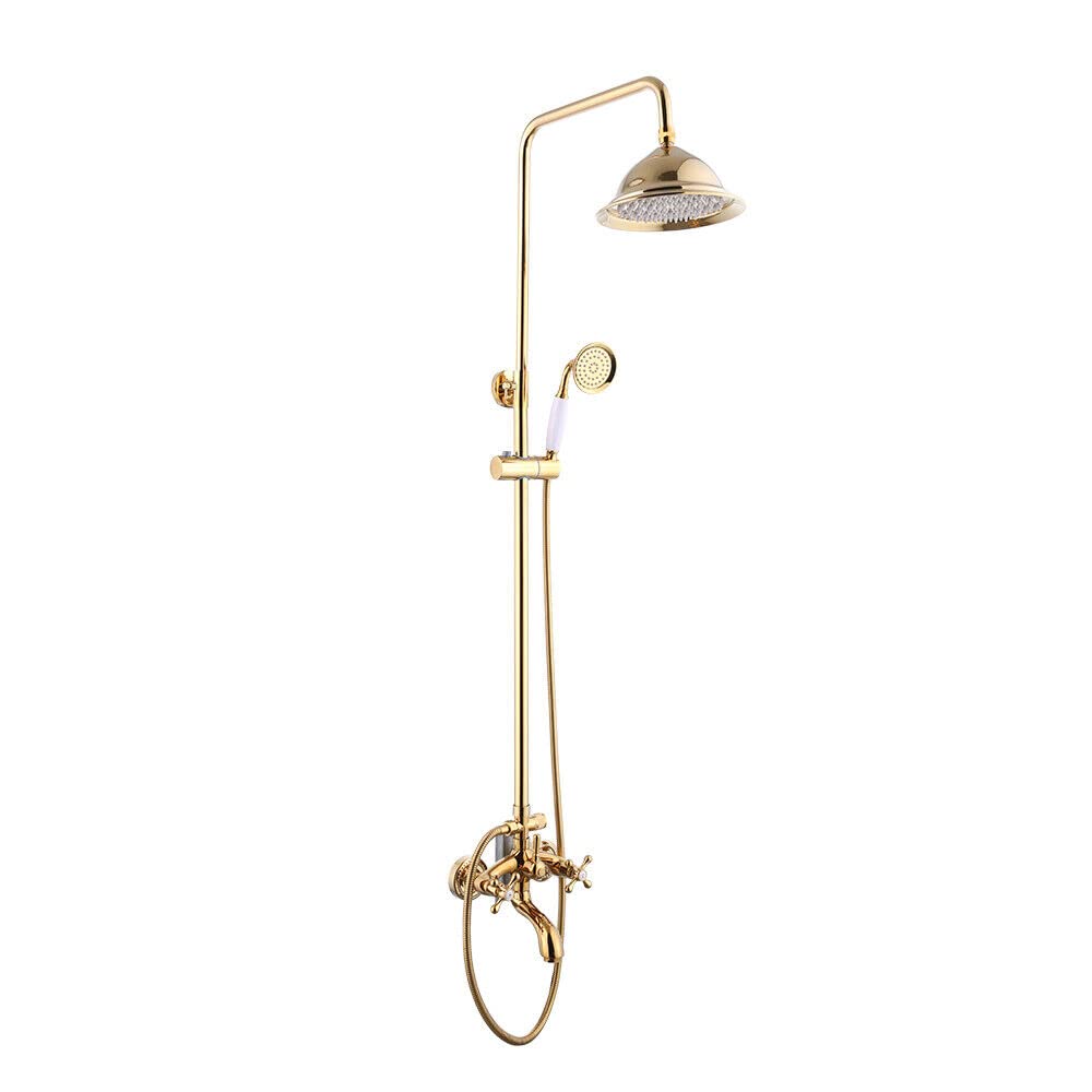 Grifo de Ducha Redondo Retro - Sistema de Lluvia y Mano Con Altura Ajustable - Moderno Dorado de Latón Antiguo Para Pared