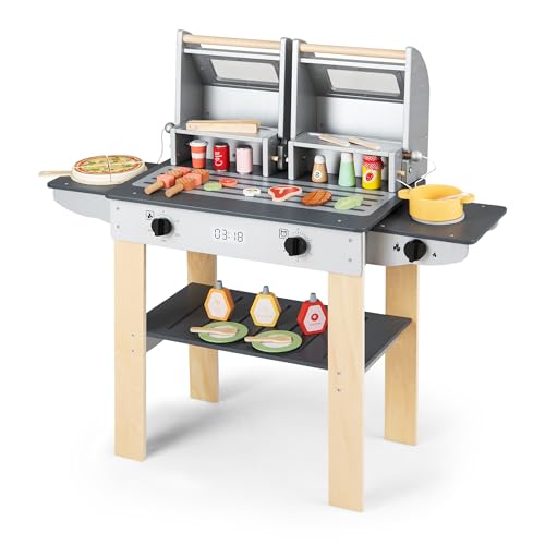 HOMASIS Cusine Enfants, Jouet BBQ Grill Barbecue en Bois avec 2 Grilles et Couvercles à Loquet,...