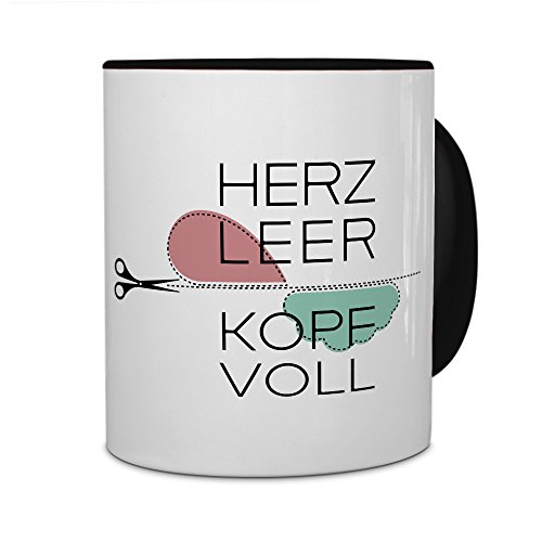 printplanet Tasse mit Spruch: Herz Leer - Kopf Voll - Kaffeebecher, Mug, Becher, Kaffeetasse - Farbe Schwarz