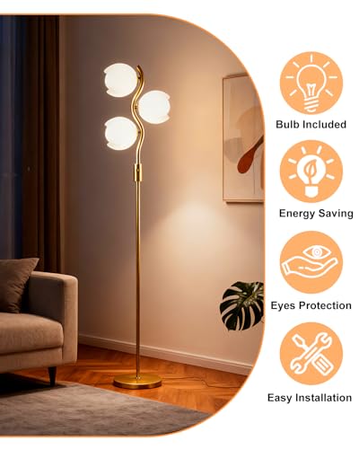 Image of Lightdot 62IN Gold Floor Lamp Stepless Dimmable Bud-Shaped Floor Lamps with 3Pcs 3000K G9 Bulbs Included Eye-Friendly Mid Century Standing Lamps for Living Room /Bedroom /Sofa Beside /Corner Decor
