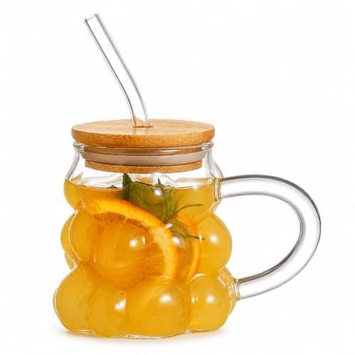 Image of Grape Shape Glass Tumbler Mug with Bamboo Lid & Glass Straw, 450ml, Set of 1, Clear Borosilicate Drinking Cup with Handle, Reusable Iced Coffee Cup for Juice, Tea, Smoothies, Cold Drinks