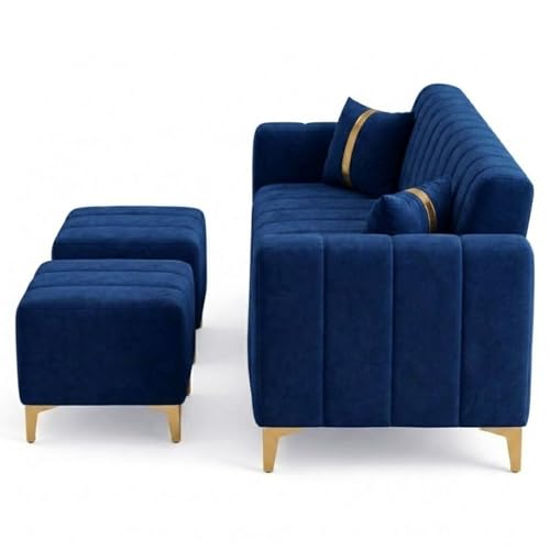Image of FURNY Harmony 5 Seater L Shape Sofa Set with 2 Movable Ottoman & Golden Legs | Flexible Left or Right Layout | Plush Velvet Fabric (Dark Blue) | Perfect for Living Room, Guest Room & Office