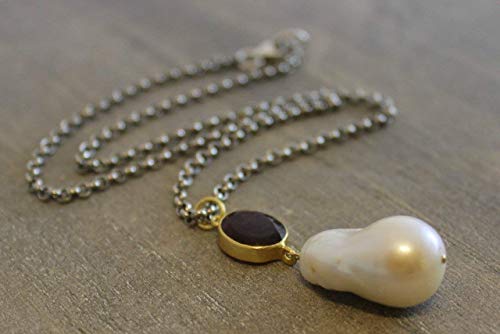Pink Tourmaline And Cultured Freshwater Baroque Pearl Sterling Silver Necklace 18 Inches - Handmade Pearl Gemstone Jewelry Gift Ideas For Women - October Birthstone #TOP2