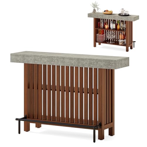 LITTLE TREE 63-Inch Home Bar Table, 2-Tier Storage Shelf Mini Bar Unit, Kitchen Pub Table, Small Bar Counter, Grey + Rustic - Image 5