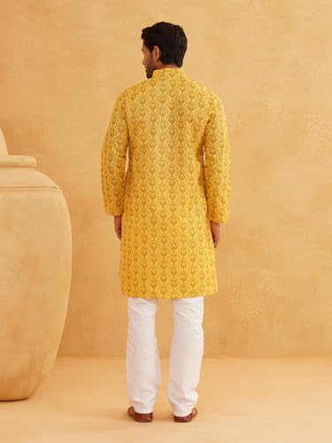 Image of SOJANYA (Since 1958 Men's Cotton Blend Navy Blue & Black Printed Kurta & White Churidar Pyjama Set