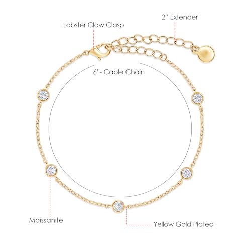 18K Gold Plated Five Stone Station Link Bracelet for Women| 3MM Moissanite Classic Tennis Bracelet | Bezel-Set 6" + 2" Adjustable Chain Bracelet (0.50 Cttw)2