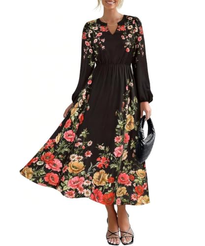 Image of TIYOMI Womens Plus Size Dresses Fall Long Sleeve Maxi Dresses V Neck Floral Spring Party Dress with Pockets XL-5XL (14W-28W)