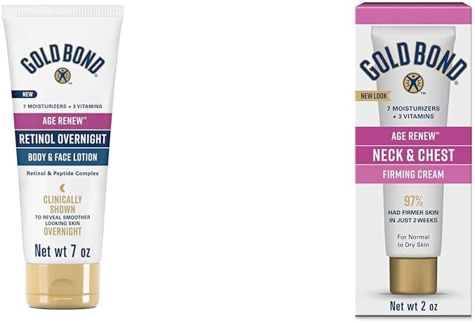 Gold Bond Age Renew Loção Noturna para Corpo e Rosto com Retinol e Complexo de Peptídeos, 198 g, e Creme Age Renew para Pescoço e Colo, 57 g, Pacote com 2