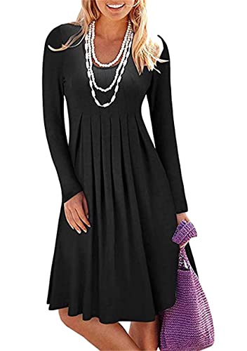 OMZIN Damen Sommer Basic Casual Knielanges Kleid Einfarbig Rundhals Plissee...